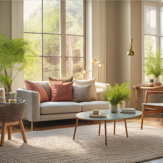 A spotless, modern living room with a few strategically placed cleaning tools, a sleek e-reader on a coffee table, and a subtle hint of natural light pouring in through a nearby window.