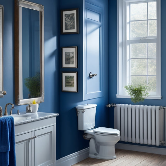 A serene bathroom scene with dark blue walls, contrasting with crisp white fixtures, and accented by polished chrome hardware, surrounded by warm natural light filtering through a frosted glass window.