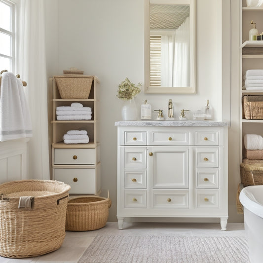 A serene, well-lit bathroom with a pedestal sink, surrounded by a neatly organized cabinet with open doors, revealing stacked baskets, woven bins, and a tiered shelf, all in a calming, creamy white tone.