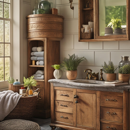 A rustic bathroom scene featuring a vintage wooden storage unit with ornate carvings, filled with neatly arranged towels, glass jars of cotton balls, and potted succulents, surrounded by soft natural light and vintage decor.