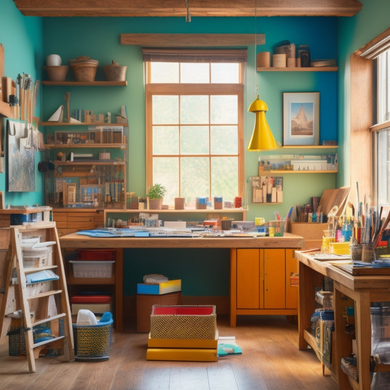 A tidy art studio with a large wooden worktable, neatly organized paintbrushes, colorful art supplies on shelves, and a pegboard with hanging tools, set against a calm, natural light-filled background.