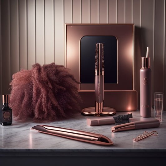 A sleek, modern vanity with a chic, rose-gold GHD Unplugged cordless styler centered, surrounded by scattered, luscious curls and a few strategically placed, shiny hairpins.