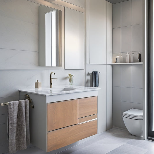 A sleek, modern bathroom featuring a wall-mounted sink with a built-in storage cabinet underneath, surrounded by gleaming chrome fixtures and a minimalist marble countertop.