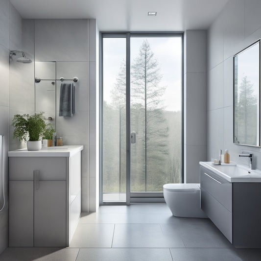 A modern bathroom with a minimalist aesthetic, featuring a wall-mounted sink, a floor-to-ceiling glass shower enclosure, and a sleek, gray-tiled floor, with natural light pouring in through a large window.