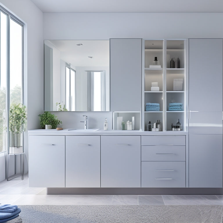 A modern bathroom with a wall-mounted, white, modular storage unit featuring three rectangular cabinets, one with a mirrored door, and two open shelves, surrounded by sleek, gray countertops and a minimalist sink.