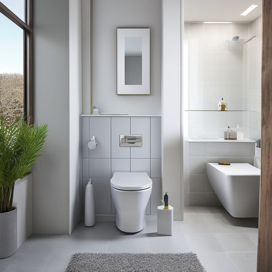 A modern bathroom with a sleek, wall-mounted toilet, its tank hidden behind a wall panel, surrounded by minimalist fixtures and a spacious, uncluttered floor.