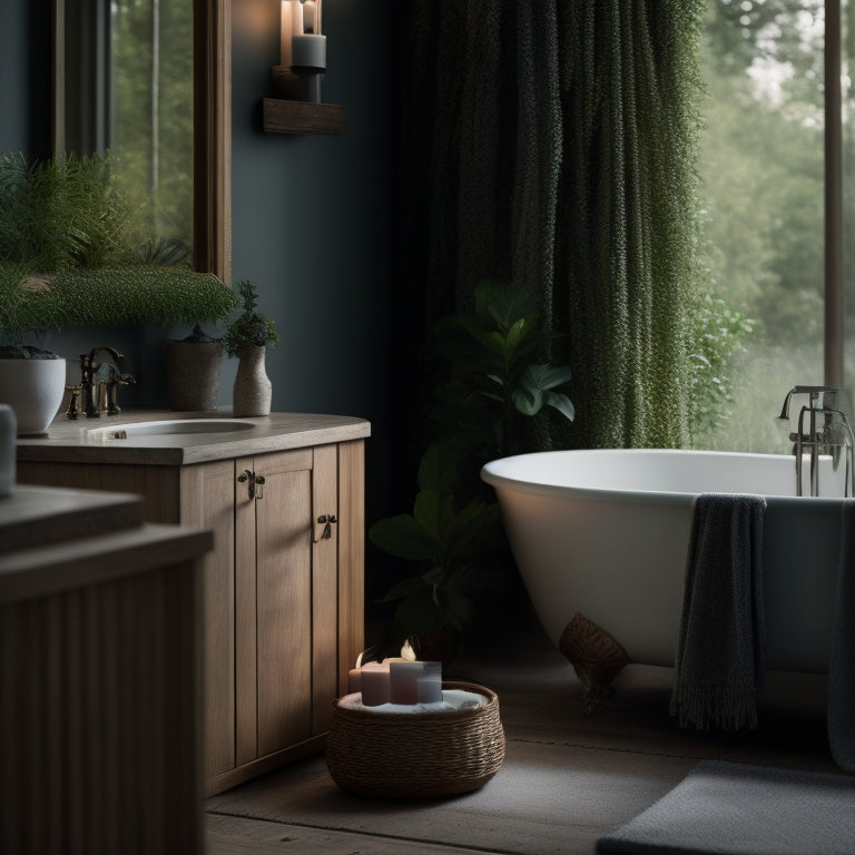 A serene bathroom scene with a freestanding tub, surrounded by lush greenery, a minimalist wooden cabinet, and a few carefully placed candles, evoking a sense of calm and tranquility.