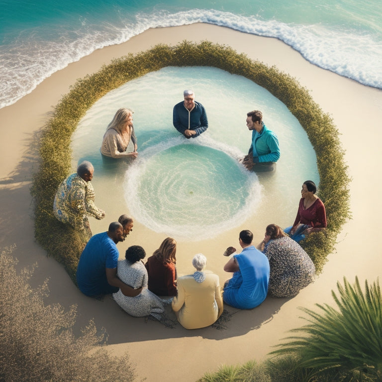 A sunlit, serene illustration of a diverse group of people of varying abilities, ages, and ethnicities standing together, forming a strong, interconnected circle, surrounded by subtle waves and seaweed.