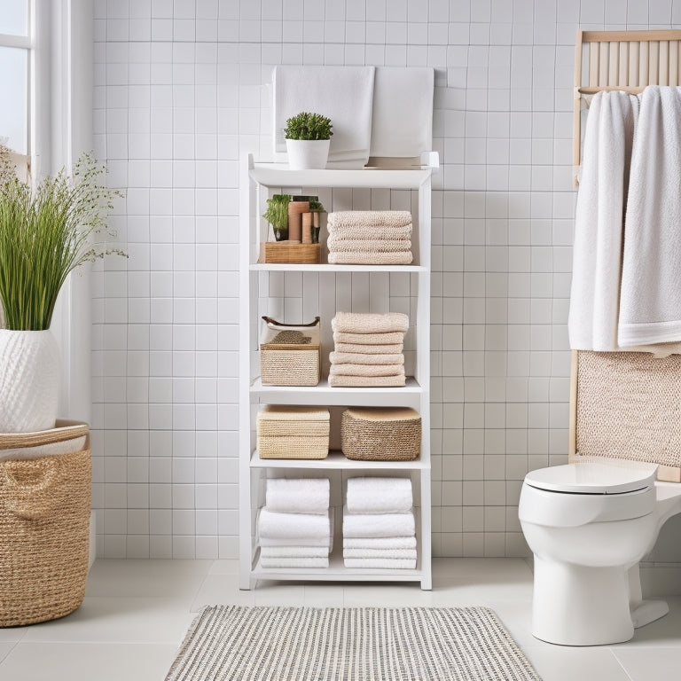 A modern, white, and minimalist bathroom with three wall-mounted shelving units, each with three woven storage baskets in natural fibers, filled with rolled towels and toilet paper rolls.