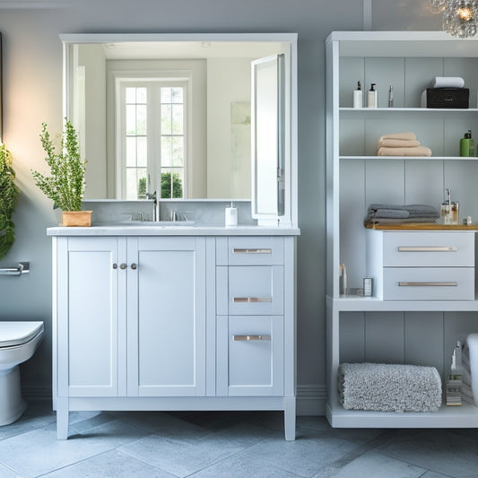 A modern, white, wall-mounted bathroom vanity with sliding drawers, a recessed medicine cabinet, and a pedestal with built-in storage baskets, surrounded by sleek, gray, and silver accents.