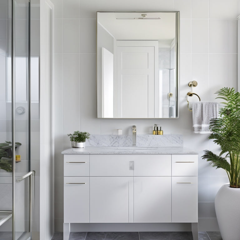 A modern bathroom with a large, rectangular mirror above a sleek, wall-mounted cabinet featuring two drawers with chrome handles, surrounded by crisp white walls and polished marble countertops.