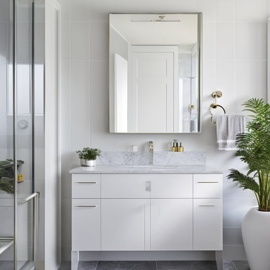 A modern bathroom with a large, rectangular mirror above a sleek, wall-mounted cabinet featuring two drawers with chrome handles, surrounded by crisp white walls and polished marble countertops.