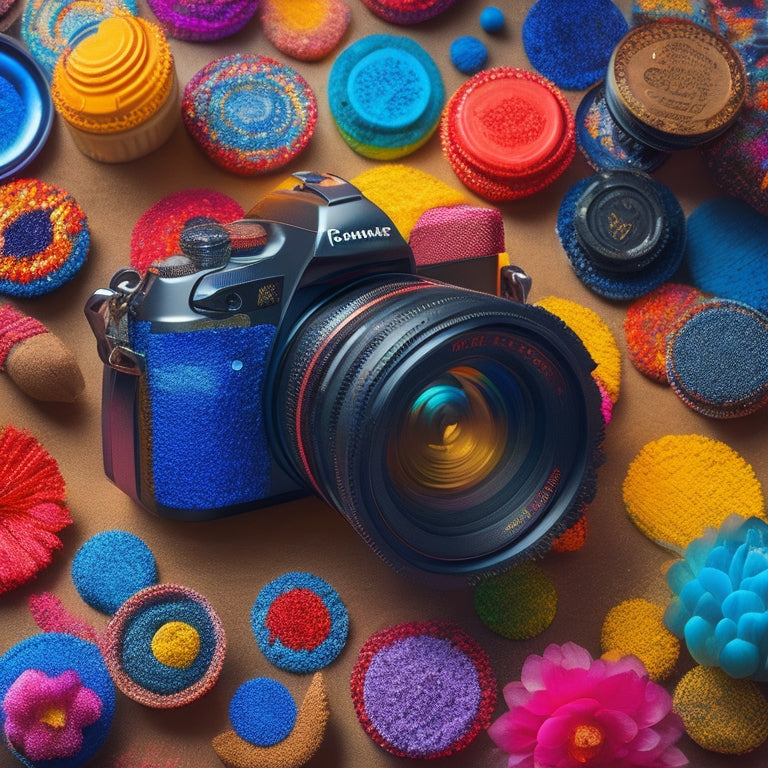 A vibrant, stylized mosaic of camera lenses, colorful photographs, and creative elements like paintbrushes and musical notes, blending seamlessly into a mesmerizing visual representation of artistic expression.