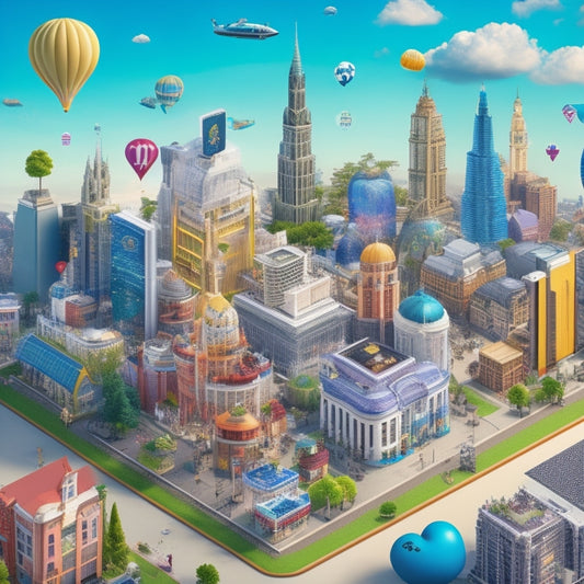 A whimsical illustration of a Sims-inspired cityscape with colorful buildings, bustling streets, and Sims characters interacting, surrounded by speech bubbles, thought clouds, and icons of computers, smartphones, and game controllers.
