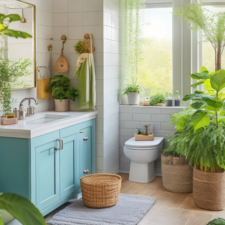 A serene, well-lit bathroom with a spotless white sink, gleaming faucet, and a shower area with a rainfall showerhead, surrounded by organized storage baskets and a few lush green plants.