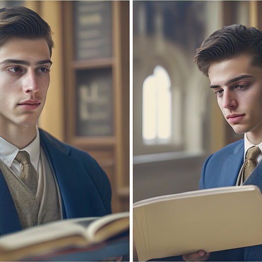 A split-screen image: a serious-looking student in a university setting on one side, and a partially open book with golden pages and a subtle glow on the other, surrounded by subtle university crests.