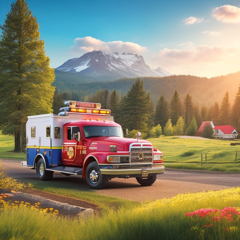 An illustration of a serene Washington County landscape with a prominent sheriff's badge, a fire truck, and an ambulance in the distance, surrounded by vibrant greenery and a sunny sky.