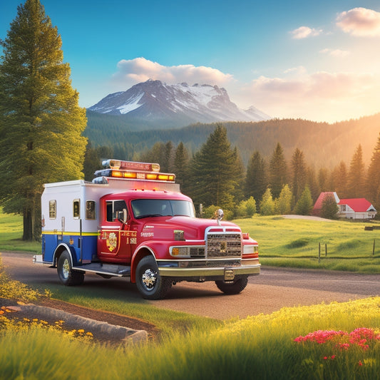 An illustration of a serene Washington County landscape with a prominent sheriff's badge, a fire truck, and an ambulance in the distance, surrounded by vibrant greenery and a sunny sky.