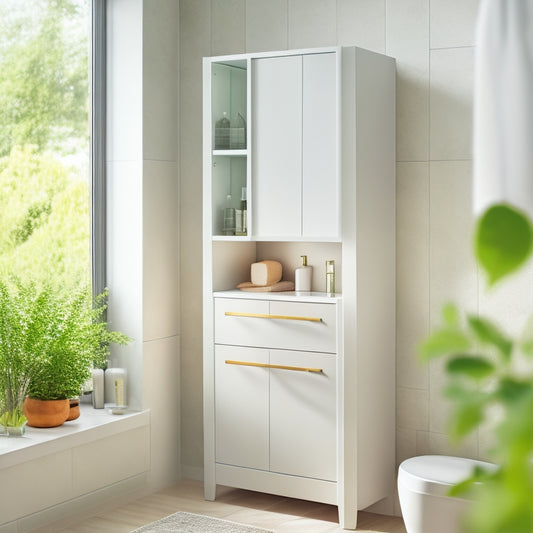 A modern bathroom corner cabinet with smooth lines, finished in matte white, featuring open shelving and a minimalist design, surrounded by soft natural light, sleek fixtures, and subtle greenery in a serene atmosphere.