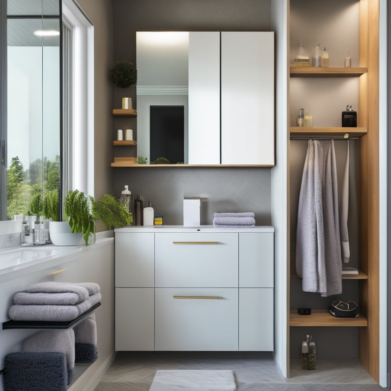 A sleek, modern bathroom with a wall-mounted cabinet featuring a sliding mirrored door, revealing a hidden storage compartment filled with neatly organized toiletries and towels.