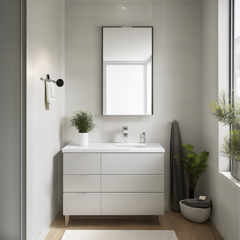 A sleek, modern bathroom with a wall-mounted glass door cabinet above a compact sink, reflected in a large, rounded mirror, surrounded by crisp white tile and minimalist decor.