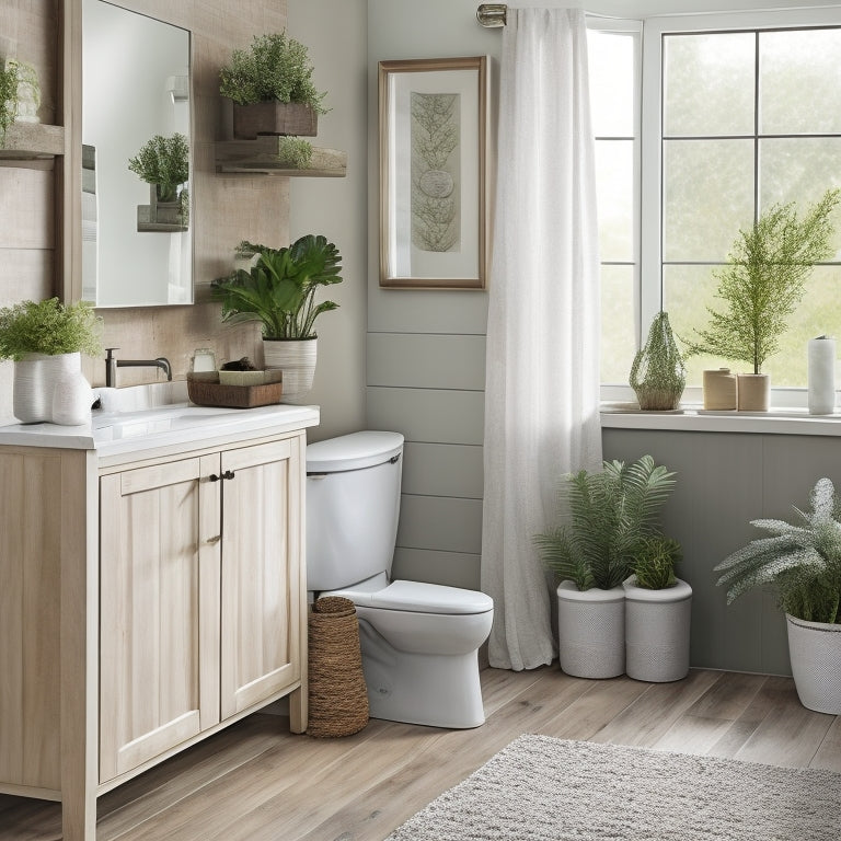 A serene bathroom scene featuring elegant waterproof over-toilet storage units in natural wood and sleek metal, adorned with potted greenery, plush towels, and decorative jars, all against a soft, neutral backdrop.
