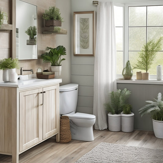 A serene bathroom scene featuring elegant waterproof over-toilet storage units in natural wood and sleek metal, adorned with potted greenery, plush towels, and decorative jars, all against a soft, neutral backdrop.