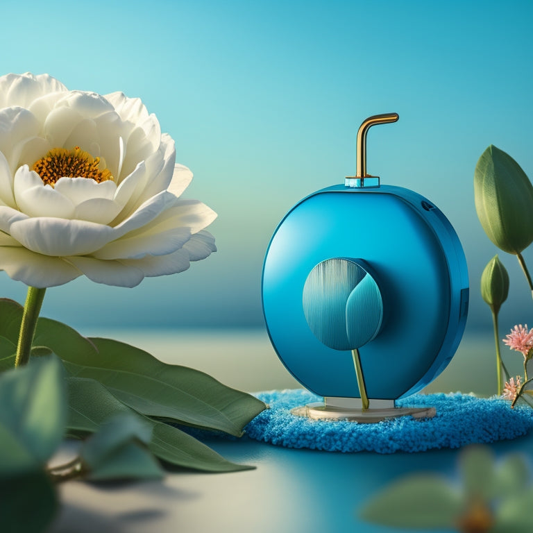 A serene, natural background with a subtle gradient of blue and green hues, featuring a stylized, minimalist illustration of a lock opening, with a blooming flower or a rising sun emerging from it.