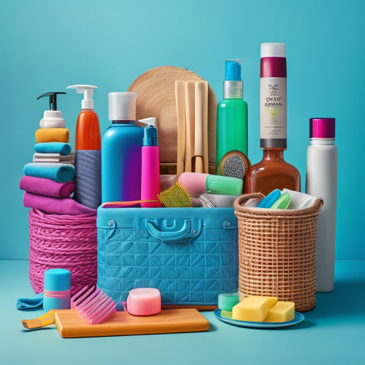 A colorful, clutter-free background with a central, neatly arranged collection of personal care items: toothbrushes, toothpaste, shampoo, conditioner, soap, and towels, surrounded by a few woven baskets and open suitcases.