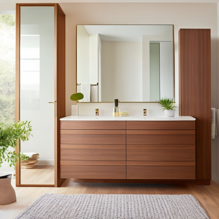 A sleek, modern bathroom featuring a floor-to-ceiling, wall-mounted unit with a large, rounded mirror and soft-close drawers in a warm, walnut finish, set against a crisp white background.