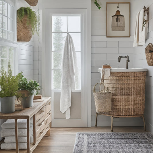 A serene, well-lit bathroom with a mix of modern and rustic elements, showcasing a glass-front cabinet, woven basket storage, and a repurposed ladder towel rack amidst calming greenery.