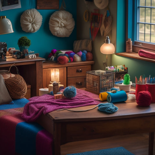 A cozy, well-lit room with a refurbished wooden desk, surrounded by organized craft supplies, yarn balls, and colorful fabric scraps, with a few half-finished projects and a vintage sewing machine.