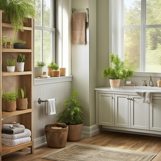 A chic bathroom featuring elegant wall-mounted storage units made of wood, showcasing neatly arranged towels, toiletries, and decorative plants, with soft natural light filtering through a frosted window, creating a serene atmosphere.