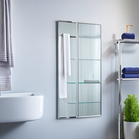 A sleek, modern bathroom with a wall-mounted corner shelf featuring a curved glass shelf and a chrome pole, holding a few rolled towels and a decorative vase.