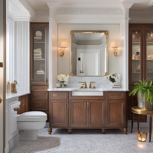 A luxurious bathroom featuring a large, white, rectangular sink with rounded edges, atop a dark wood cabinet with ornate hardware, surrounded by matching mirrored cabinets and open shelves.