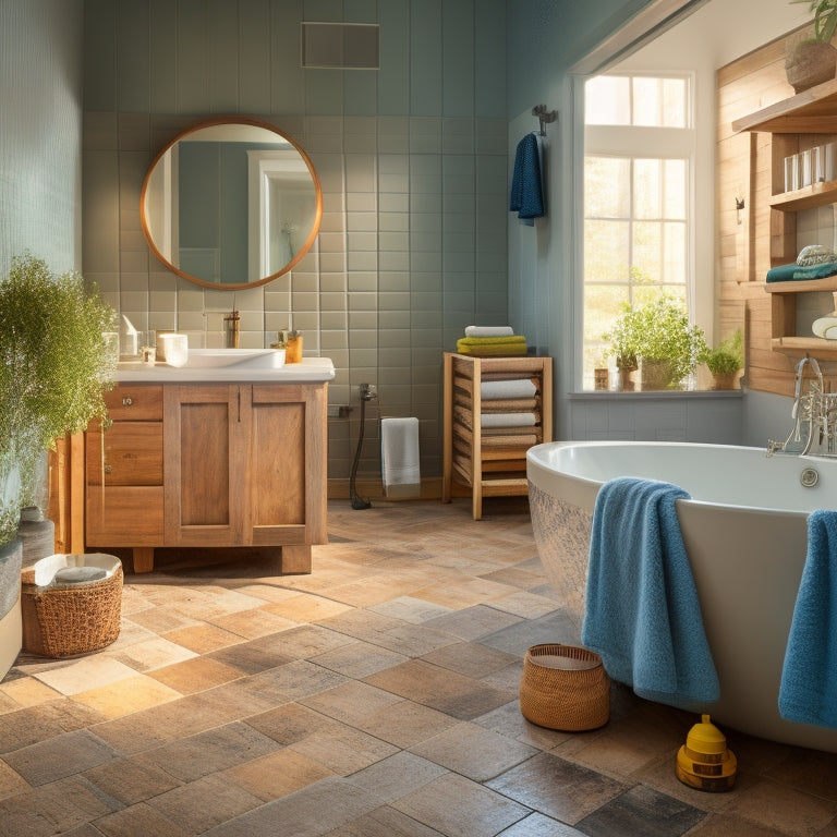 A serene, well-lit bathroom with a mix of modern and rustic elements: a freestanding tub, wooden vanity, and hexagonal tiles, surrounded by construction tools and renovation plans scattered on the floor.