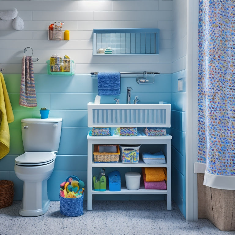 A tidy kids' bathroom with a wall-mounted storage cabinet, a step stool beneath the sink, a shower caddy with colorful toys, and a woven basket holding rolled towels.