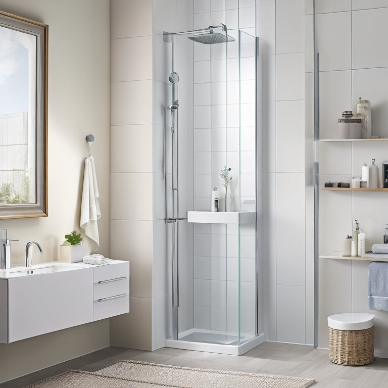 A sleek, modern bathroom with three glass shelves mounted on a chrome pole, holding a variety of bathroom essentials, surrounded by a warm, creamy-colored wall and a large, walk-in shower.