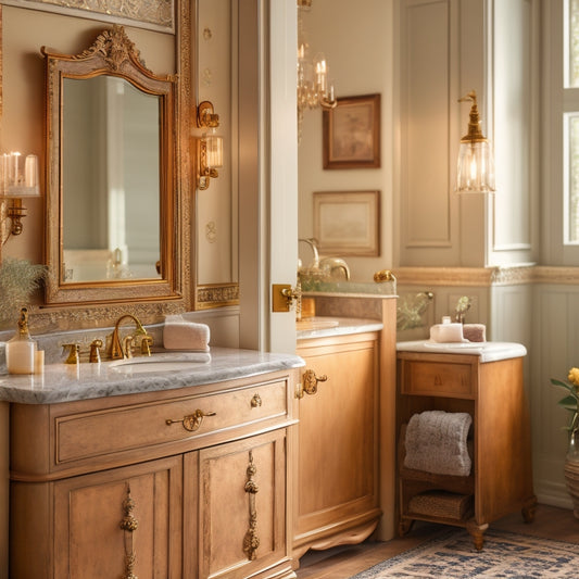 A serene vintage-inspired bathroom featuring ornate wooden cabinets with brass handles, delicate glass jars filled with bath essentials, an antique mirror, and soft, warm lighting illuminating luxurious towels and elegant decor.
