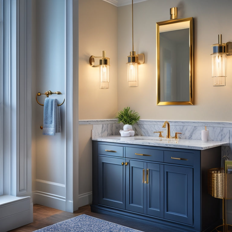 A sleek, modern bathroom with a wall-mounted sink featuring soft-close drawers underneath, adorned with ornate hardware, surrounded by marble countertops, and illuminated by a pendant light above.