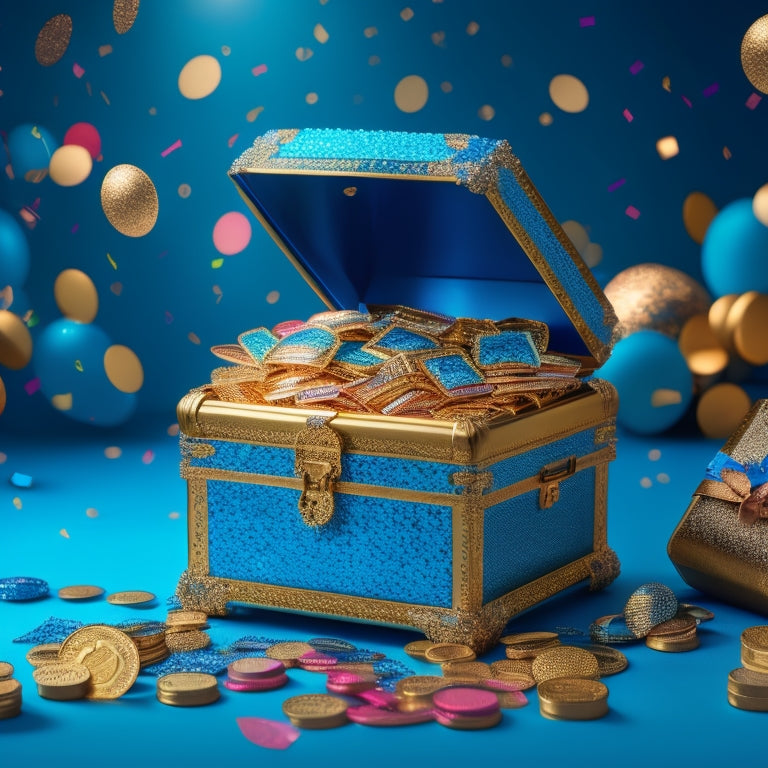 A treasure chest overflowing with glittering gold coins, shiny keys, and wrapped gifts, surrounded by confetti and balloons, set against a bright blue background with a subtle sparkle effect.