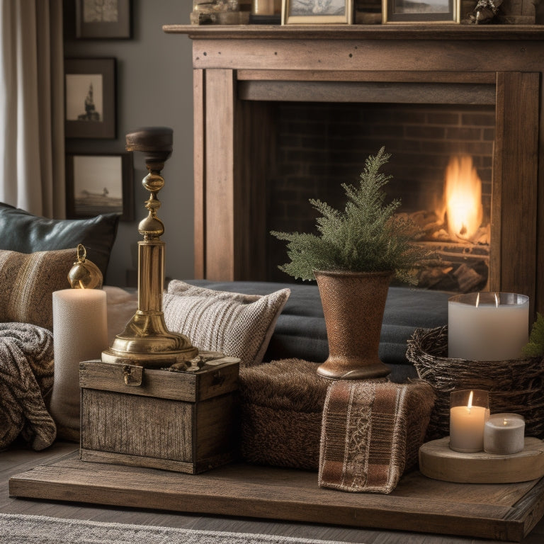 A cozy living room with a DIY mantle display showcasing sentimental items: vintage candlesticks, family photos, and a handmade wreath, all arranged on a repurposed wooden crate.