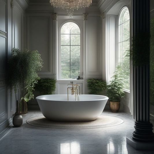 A serene bathroom scene featuring a freestanding tub centered amidst a marble floor, surrounded by lush greenery, and illuminated by soft, warm lighting, with a minimalist chandelier above.