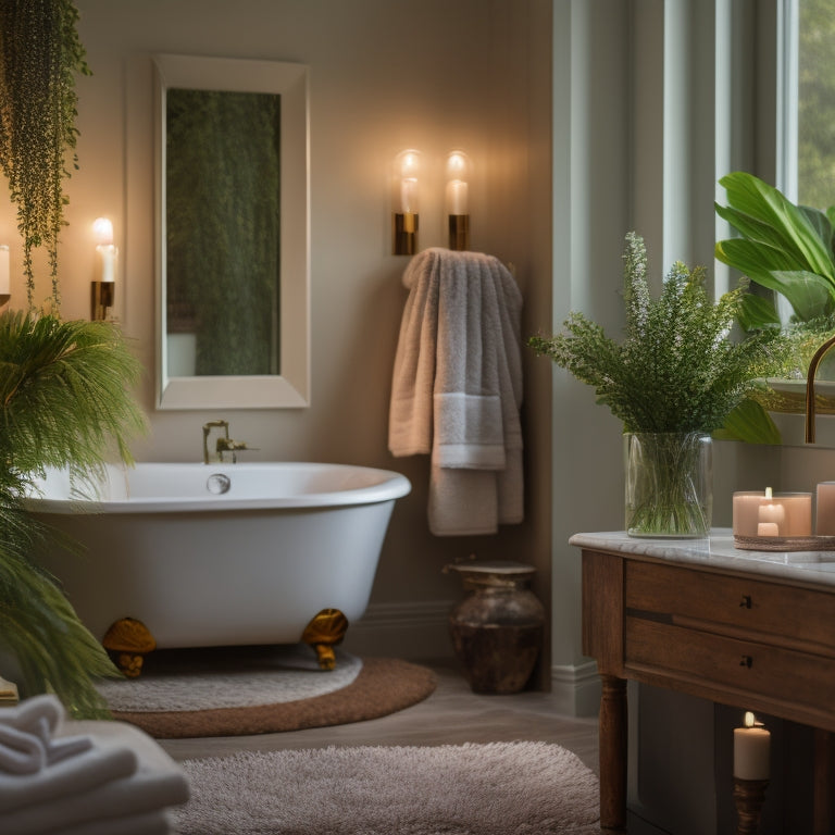 A serene, candlelit bathroom with a freestanding tub, surrounded by lush greenery, marble countertops, and plush towels in soft, muted hues, evoking a sense of relaxation and luxury.