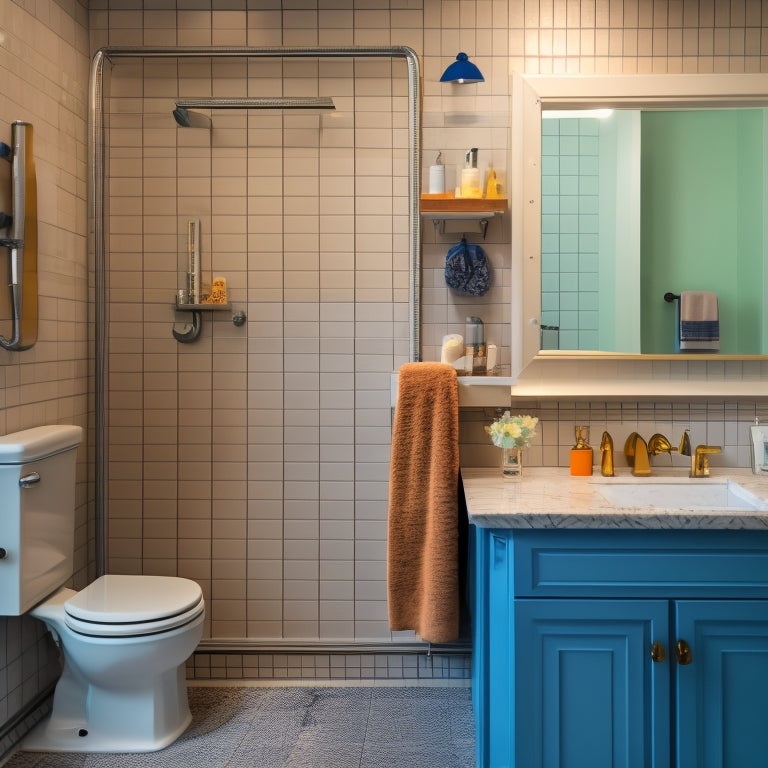 A partially installed bathroom cabinet with a sink and mirror in the background, surrounded by measuring tapes, levels, and tools, with a faint grid pattern on the wall to indicate measurement marks.