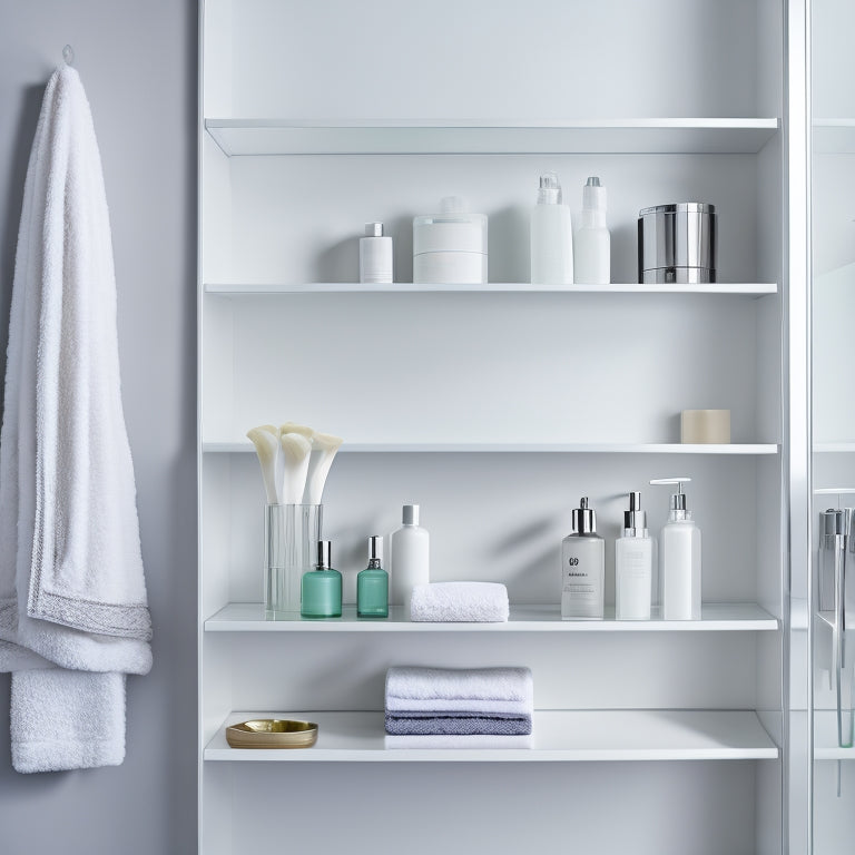 A sleek, modern bathroom with three wall-mounted storage shelves in polished chrome, each holding toiletries, towels, and decorative objects, against a crisp white background.