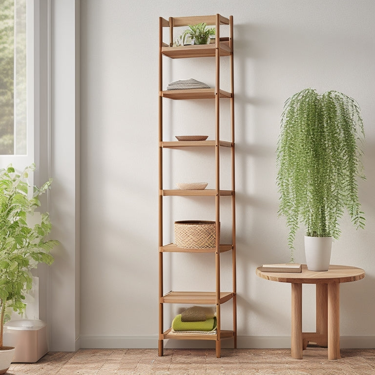 A sleek, modern ladder shelving unit with rust-resistant metal frame, 5-7 rungs, and 3-5 flat, water-repellent wooden or plastic shelves, situated in a wet area like a bathroom or pool deck, with water droplets and soft, natural light.