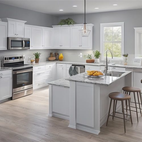 A bright, modern kitchen with sleek white cabinets, granite countertops, and stainless steel appliances, featuring a large island with a built-in sink and a laptop open to a kitchen design software.