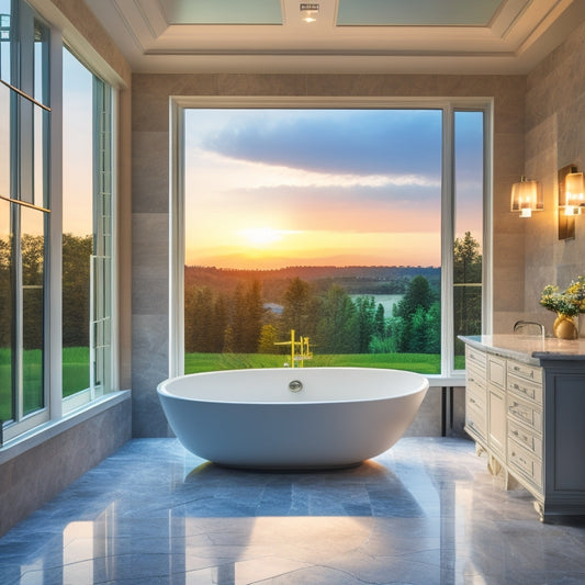 Generate an image of a spacious, marble-clad master bathroom with a freestanding tub, rain showerhead, and floor-to-ceiling windows overlooking a serene outdoor landscape at dusk.