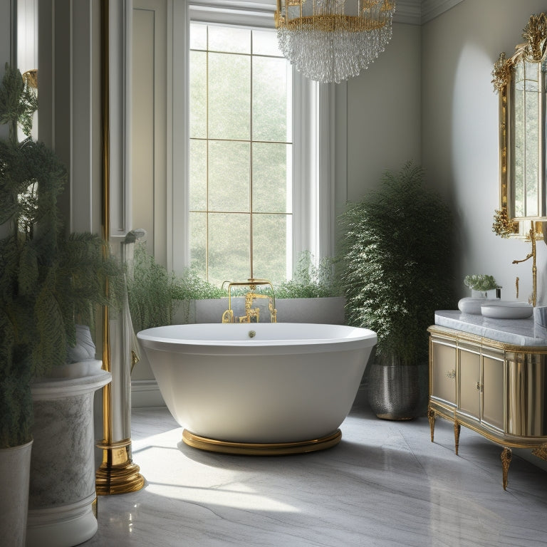 A serene bathroom scene featuring a freestanding tub, surrounded by marble floors, soft golden lighting, and a statement chandelier, with lush greenery and elegant accents in a calming neutral color palette.